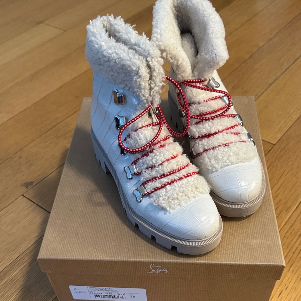 Christian Louboutin White and Red Shearling Boots